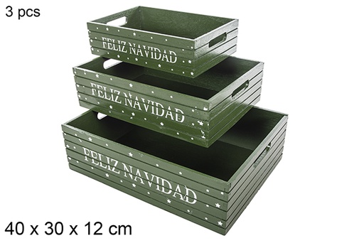 [115041] Pack 3 scatole natalizie in legno colore verde decorate Feliz Navidad 40x30x12 cm