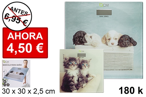 [112437] Pèse-personne carré décoré assortiment chien chat maximum 180 kg