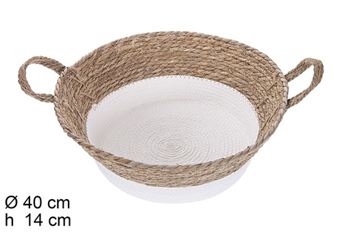 [115079] Round seagrass basket and white paper rope with handles 40x14 cm
