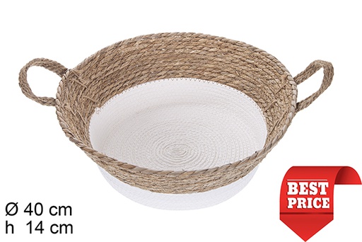 [115079] Round seagrass basket and white paper rope with handles 40x14 cm