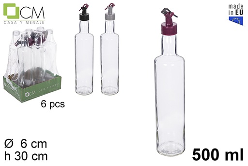 [115149] Huilier en verre rond avec bouchon anti-goutte coloré 500 ml