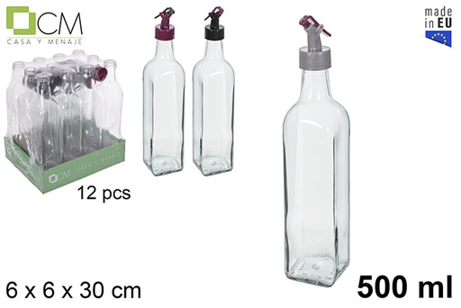 [115150] Huilier carrée en verre avec bouchon anti-goutte coloré 500 ml