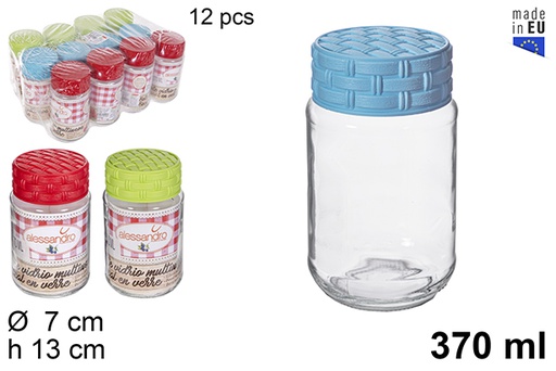 [115397] Barattolo di vetro con coperchio in rattan colori assortiti 370 ml