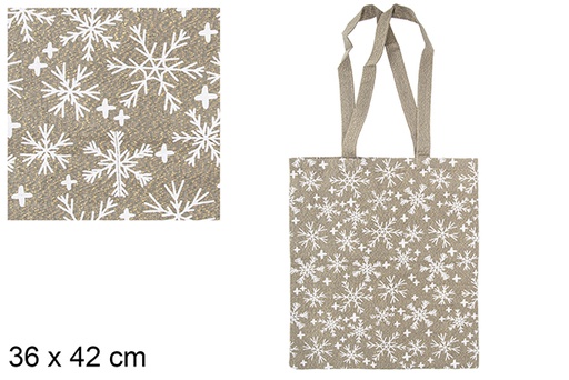 [115590] Bolsa tela Navidad verde/oro decorada copos de nieve 36x42 cm
