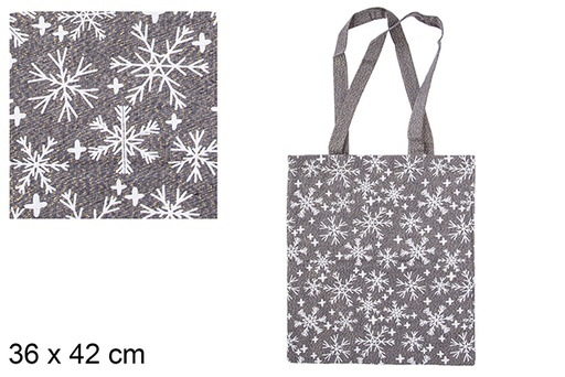[115591] Sac en tissu de Noël bleu marine/or décoré de flocons de neige 36x42 cm 