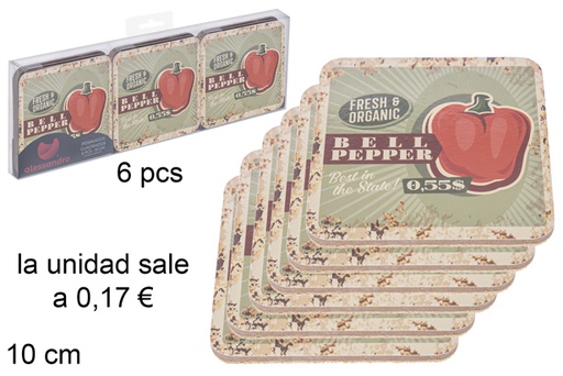 [115674] Pack 6  porta-copos quadrado bell pepper decorados 10 cm