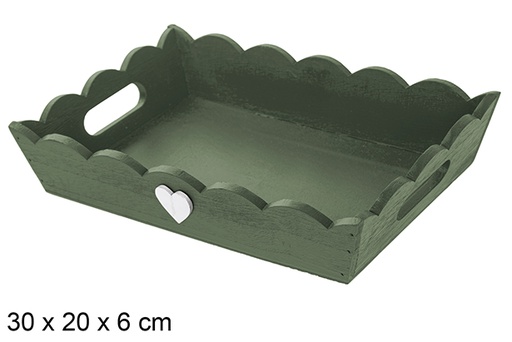 [115924] Vassoio natalizio in legno ondulato verde decorato con cuore 30x20 cm