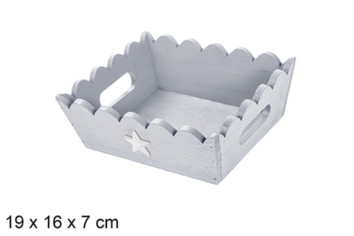 [115934] Silver corrugated wooden Christmas tray decorated with star 19x16x7 cm