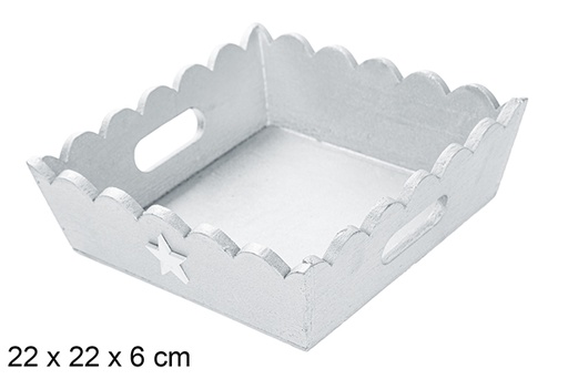 [115942] Plateau de Noël en bois ondulé argenté décoré d'étoile 22x22 cm