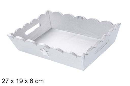 [115946] Silver corrugated wooden Christmas tray decorated with star 27x19x6 cm