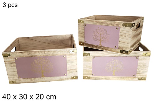 [115956] Pack 3 caixas de madeira vintage decoradas árvore roxa 40x30x20 cm