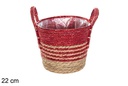 Cesta seagrass forrada natural/rojo con asas 22 cm