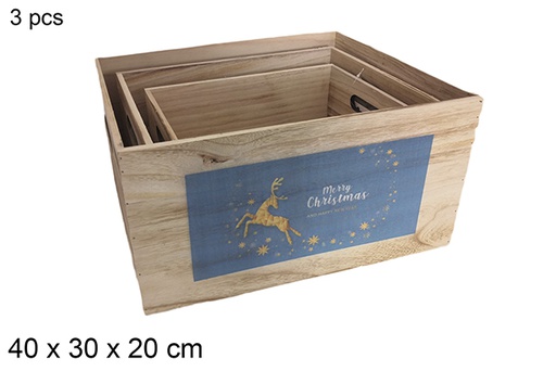 [116022] Pack 3 scatole in legno vintage decorate cervo blu 40x30x20 cm