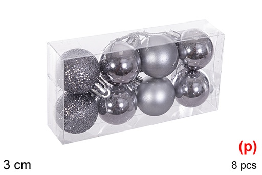 [116096] Pack 8 boules grises brillantes/mates/pailletées 3 cm