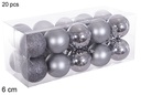 Pack 20 bolas gris brillo/mate/purpurina 6 cm