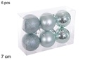 Pack 6 bolas verde menta brillo/mate/purpurina 7 cm