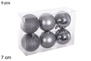 Pack 6 bolas gris brillo/mate/purpurina 7 cm