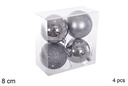Pack 4 bolas gris brillo/mate/purpurina 8 cm