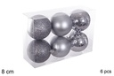 Pack 6 bolas gris brillo/mate/purpurina 8 cm
