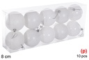 Pack 10 bolas blanca brillo/mate/purpurina 8 cm