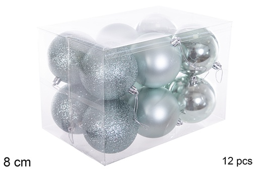[116295] Pack 12 boules vert menthe brillant/mat/paillettes 8 cm