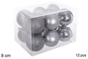 Pack 12 bolas gris brillo/mate/purpurina 8 cm