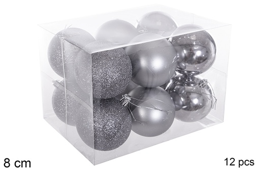 [116299] Pack 12 boules grises brillantes/mates/pailletées 8 cm