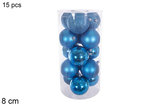 [116308] Pack 15 boules turquoise brillant/mat/paillettes cylindre 8 cm