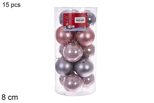 [116313] Pack 15 bolas oro rosa/gris brillo/mate surtidos cilindro 8 cm