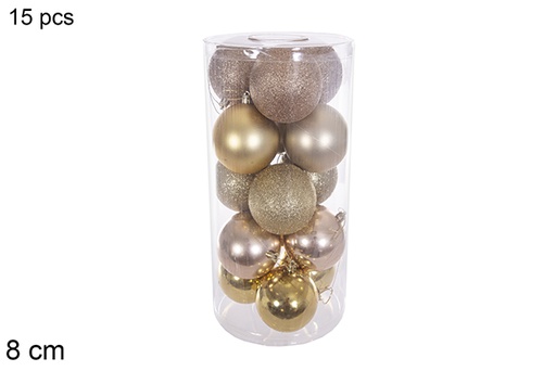 [116314] Pack 15 assorted gold/champagne glossy/matte balls cylinder 8 cm