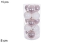 Pack 15 bolas oro rosa/blanca brillo/mate/purpurina surtidos cilindro 8 cm