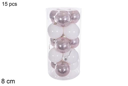 [116320] Pack 15 boules assorties or rose/blanc brillant/mat/paillettes cylindre 8 cm