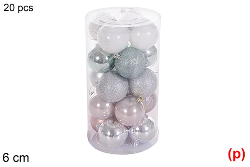 [116354] Pack 20 bolas oro rosa/plata/verde menta/blanca brillo/mate cilindro 6 cm