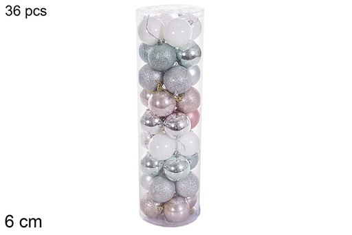 [116356] Pack 36 palline oro rosa/argento/verde menta/bianco lucido/opaco cilindro 6 cm