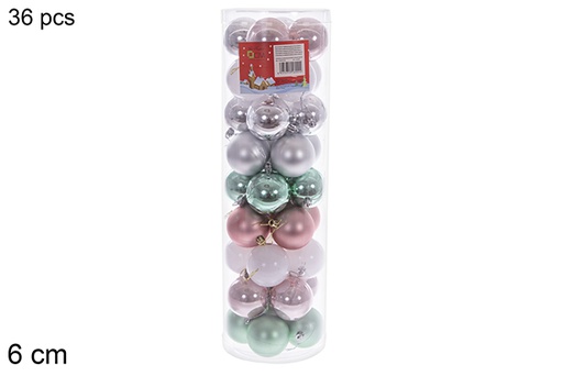 [116356] Pack 36 palline oro rosa/argento/verde menta/bianco lucido/opaco cilindro 6 cm