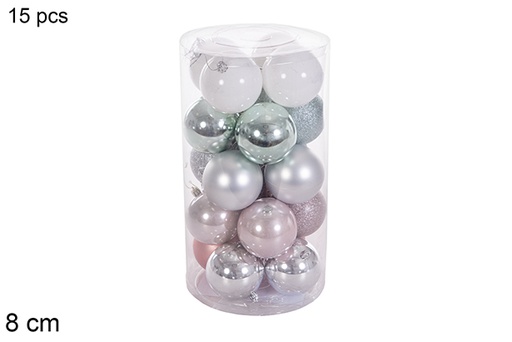 [116357] Pack 15 rose gold/silver/mint green/white glitter/matte/glitter balls in cylinder 8 cm