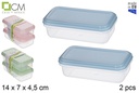 Pack 2 fiambrera rectangulares con tapa colores pastel 14x7 cm