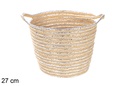 Cesta redonda cuerda de papel natural/plata con asas 27 cm