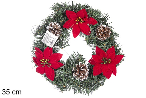 [117138] Corona verde PVC nevada con piñas y flor Navidad con 10 luces LED 35 cm  