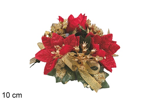 [117150] Bougeoir de Noël décoré de nœuds et de fleurs rouge/or 10 cm