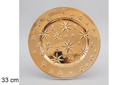 [117345] Bajo plato plástico redondo decorado estrellas oro 33 cm  
