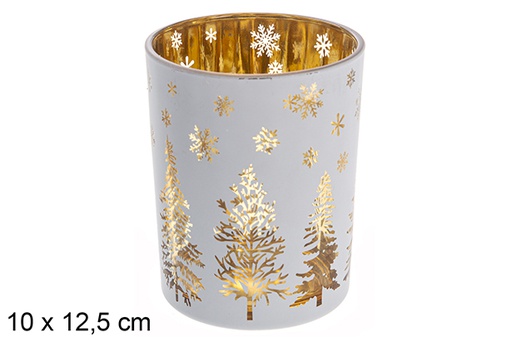 [117438] Portacandela vetro bianco / albero decorato oro rosa 10x12,5 cm