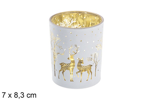 [117440] Portavela cristal blanco/oro decorada reno 7x8,3 cm