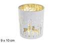 Portavela cristal blanco/oro decorada reno 9x10 cm