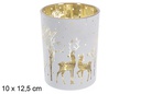 Portavela cristal blanco/oro decorada reno 10x12,5 cm