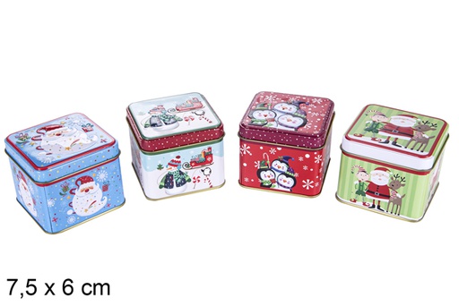 [117517] Petite boîte carrée en métal décorée de Noël, coffret présentoir assorti 7,5x6 cm