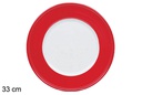 White round plastic plate with red rim 33 cm