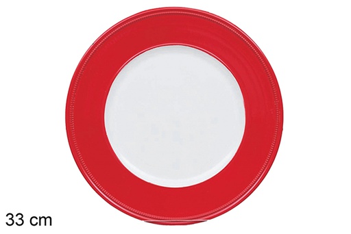 [117520] White round plastic plate with red rim 33 cm