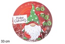 Plato redondo rojo decorado gnomo verde Navidad 33 cm