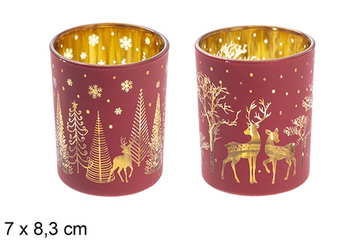 [117687] Glass candle holder red/rose gold decorated assorted reindeer 7x8,3 cm